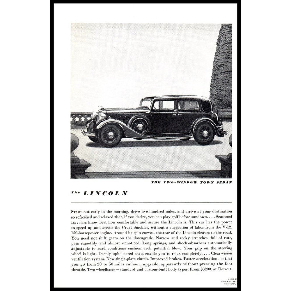 1934 Lincoln Two Window Town Sedan Vintage Print Ad Antique Car Wall Art Drawing